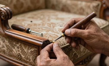 Macro photography of skilled hands repairing the wooden frame of an antique sofa, using traditional tools in an Indian workshop setting with warm, ambient lighting.