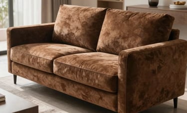 A beautifully finished custom-designed modern sofa with deep brown upholstery, placed in a bright, contemporary South Asian living room, emphasizing high-end craftsmanship.