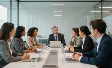 A group of diverse South American professionals collaborating in a futuristic glass-walled boardroom. The atmosphere is innovative and airy, with soft natural light and subtle tech elements. Photography style is crisp and modern.