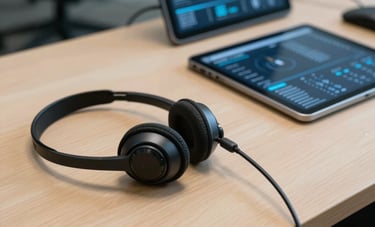 Close-up of a high-end tele-attendance workstation in a high-tech corporate office in São Paulo. A professional headset rests on a clean, light wood desk next to a tablet showing data visualizations in dark blue and light blue tones.