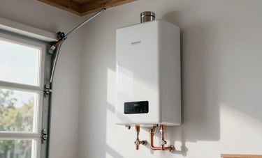 A high-efficiency tankless water heater mounted on a clean garage wall in a North American / US - Florida home. Professional installation with neat copper piping and modern equipment.