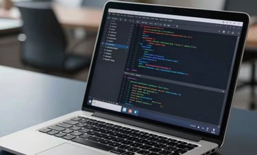 Close-up of a modern laptop screen displaying clean data analytics and code, set on a dark slate blue desk in a contemporary European office. Sharp focus, professional lighting, representing technological reliability.