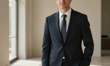 A professional portrait of a consultant in a tailored suit, standing in a minimalist French architectural space with soft daylight. The atmosphere is confident and upscale, featuring subtle beige and dark navy tones.