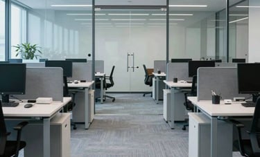 Clean and organized office environment in Sion with large glass partitions. The desks are dust-free and the carpets are perfectly vacuumed. Tones of steel blue and light grey. A professional atmosphere reflecting productivity and order. Central European / Swiss French.