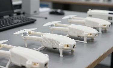 A row of several white 3D printed drone frame prototypes neatly aligned on a dark gray workbench in a North American tech office. The lighting is crisp and modern.
