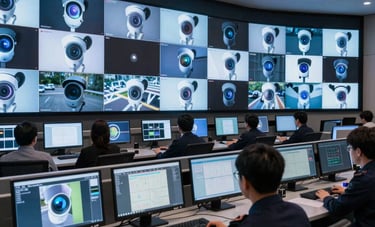 A wide shot of a sophisticated security control room in the US. A professional monitoring desk faces a wall of high-definition screens displaying live feeds from thermal and LPR cameras, illuminated by soft blue and white ambient lighting.