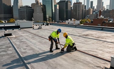 A wide-angle professional photograph of a roofer inspecting a large commercial flat roof in New York. The Manhattan skyline with skyscrapers is visible in the background under a clear sky. Professional and industrial mood.