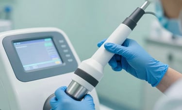 A close-up of professional disinfection equipment being used in a North American / US medical treatment room. Focus on the precision and modern tools used for high-level sterilization. Clean, bright, and professional atmosphere with blue and green highlights.