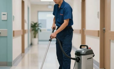 A professional janitorial staff member in a clean uniform using high-end cleaning equipment in a modern medical hallway in New York City. The floor is polished and reflective. Bright, professional North American / US healthcare setting.