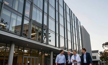 A majestic architectural view of a contemporary European research university building with glass facades reflecting the sky. Australian and European scientists are seen in the foreground walking and talking together, projecting a sense of global partnership and high-level intellectual activity. Shot in soft afternoon light.