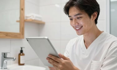 A smiling person in a modern Central European bathroom, looking at a tablet screen with a satisfied expression. The background is clean and bright with soft focus, featuring high-quality wooden accents and white tiles, embodying a trustworthy and fresh healthcare feeling.