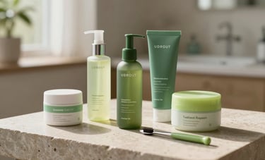 A close-up photograph of high-end, sustainable dental care products arranged on a stone surface with soft morning light. The scene is airy and positive, using a palette of forest green and light lime, set in a contemporary Central European home.