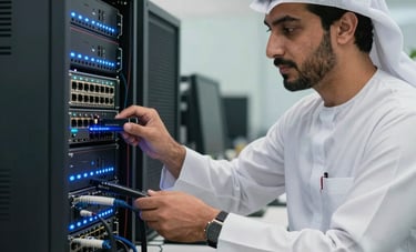 A professional IT specialist in a neat office environment in the Middle Eastern / Gulf region, configuring high-speed network routers and server hardware with glowing blue LED status lights, representing technological innovation.