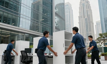 Professional photography of a corporate office relocation within a modern glass skyscraper in Dubai. Movers are efficiently organizing high-tech workstations and ergonomic furniture for transport. The lighting is crisp and the composition highlights a stress-free, orderly commercial transition.