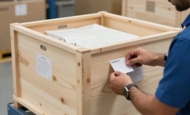 A detailed photography shot focused on a bespoke wooden shipping crate in a clean logistics warehouse in Dubai. A relocation specialist is carefully applying protective labels. The environment is organized and reflects high standards of efficiency, using a palette of steel blue and off-white. Middle Eastern / Gulf setting.