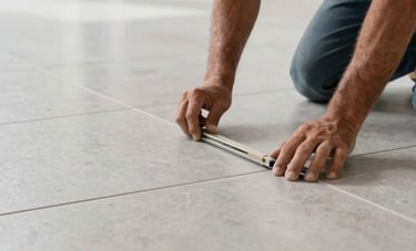 Close-up of a South American / Brazilian professional mason installing large porcelain floor tiles in a bright modern room, with focus on precision and grey tile textures.