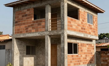 Outdoor wide shot of a solid concrete and brick house structure in South American / Brazilian suburbs under a clear sky, showing meticulous structural craftsmanship.