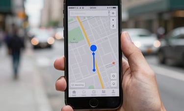 Close-up of a courier's hand holding a smartphone showing a live delivery route with ocean blue markers, against a blurred North American urban city street background. Fast-paced, high-tech professional service.