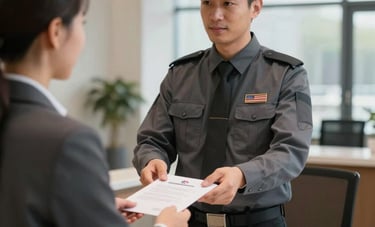 A courier in a charcoal gray uniform interacting with a receptionist at a modern US office lobby desk, exchanging a professional legal envelope. Clean, professional lighting, efficient business atmosphere.