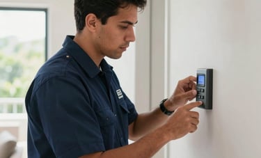 A professional security technician in a navy blue uniform installing a digital alarm keypad on a wall inside a modern Central American home. The technician is focused on the task, using professional tools. Bright, natural lighting coming from a nearby window.