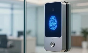 Modern biometric access control panel with a glowing blue fingerprint scanner mounted on a glass door of a corporate office in Mexico. The background is softly blurred showing a clean and professional lobby. Colors include navy blue, metallic silver, and light blue.