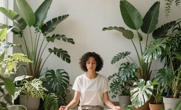 A person in North America sitting peacefully in a sunlit, minimalist indoor garden, practicing wellness. The atmosphere is empathetic and calm, with soft off-white walls and lush seafoam green plants.