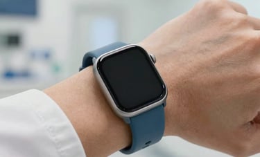 A close-up photograph of a sleek health wearable on a person's wrist in a bright, modern North American medical clinic. The lighting is clean and professional, with a color palette of medium blue and off-white.