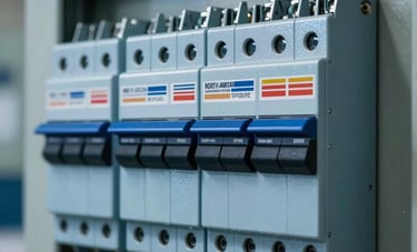 A high-energy, modern photograph of a newly installed North American electrical circuit breaker panel. The metallic surface has an electric blue sheen, and the switches are perfectly aligned, highlighting safety and power.