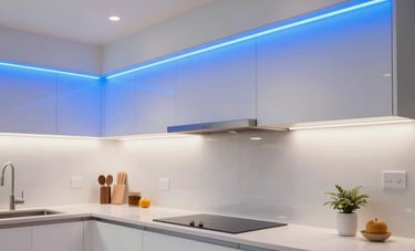 An architectural shot of a modern North American kitchen featuring custom LED lighting installed by professionals. Bright, clean aesthetic with electric blue and white lighting tones, showcasing technical expertise.