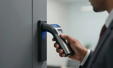 A close-up shot of a professional in business attire in a South Asian office environment using a fingerprint biometric scanner next to a slate grey door frame. The atmosphere is professional and secure.