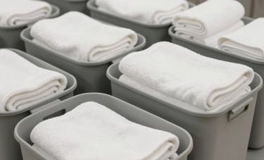 A professional wide shot of organized laundry bins filled with clean white towels in a modern, minimalist North American commercial spa or wellness center environment.