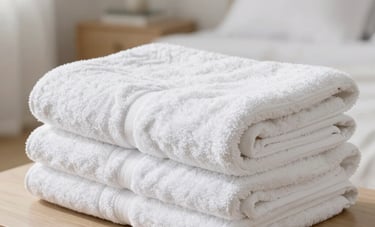 A high-quality photo of plush, white towels and a thick comforter folded neatly on a light wood surface. The background shows a clean, airy North American bedroom with soft lighting.