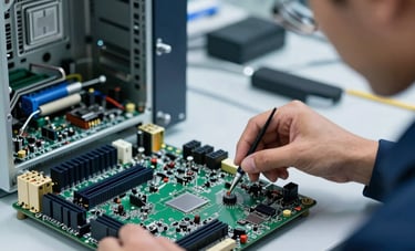 A South American technician in a professional lab assembling a computer motherboard. Close-up on the technical task with modern equipment and bright steel blue lighting.