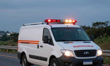 A professional service vehicle with emergency signaling active on a Brazilian highway at dusk. The sky has muted blue tones. South American road infrastructure visible. The composition is clean and focused on the efficiency of road support services.