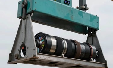 Close-up photography of a heavy-duty cargo handling operation at a South American logistics hub. Precision equipment in teal and metallic grey tones. The lighting is crisp and professional, emphasizing reliability and technical expertise in modern ground transport support.