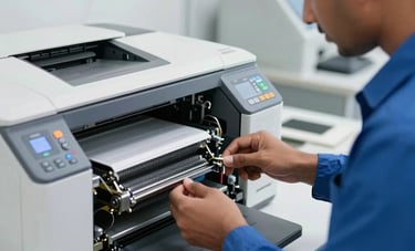 A close-up photograph of a South Asian technician in a blue uniform repairing a large-format industrial office printer. The workspace is clean and modern, lit with bright, cool white light, emphasizing precision and technical expertise.