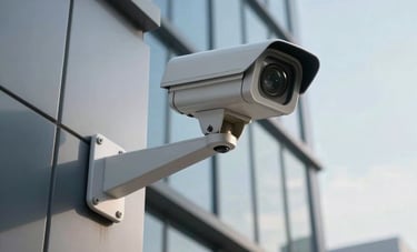 A high-tech security camera mounted on the sleek exterior of a modern commercial building in a South Asian city. The shot is low-angle, looking up toward a clear sky, symbolizing safety, reliability, and cutting-edge surveillance technology.