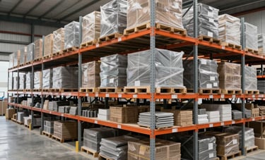 A vast, highly organized industrial warehouse in Australia with high-end shelving systems. The scene features clean concrete floors and charcoal and light grey architecture. The atmosphere is structured, disciplined, and professionally managed.