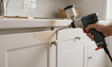A close-up photograph showing the precision refinishing of kitchen cabinets. A professional hand is using a high-end spray system to apply a smooth beige finish in a bright, modern North American kitchen.