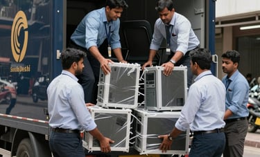 A photography shot showing a South Asian professional moving team loading wrapped computer monitors and office chairs into a clean, dark blue truck branded with a gold logo in a corporate South Delhi setting.