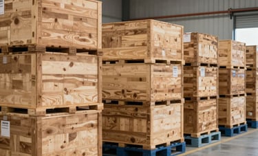 A wide-angle photography shot of a clean, organized warehouse in an Indian industrial hub. Neatly stacked wooden crates and blue palettes are visible under soft, professional lighting, conveying security and trust.