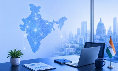 Workspace with India map showing business growth opportunities for Indian companies