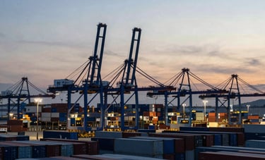 Shipping port with cranes representing global trade and business expansion