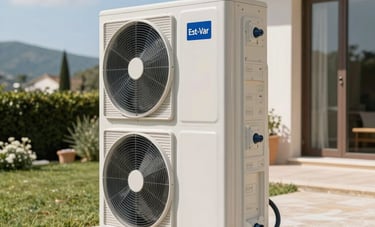 Exterior installation of a high-tech air-water heat pump in a garden of a luxury villa in the Est-Var region, clean professional piping, Mediterranean landscape background, bright sunny day.