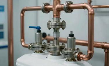 Close-up of a modern water treatment system and water softener installed in a pristine technical room, professional copper pipe layout, soft lighting emphasizing technical precision.