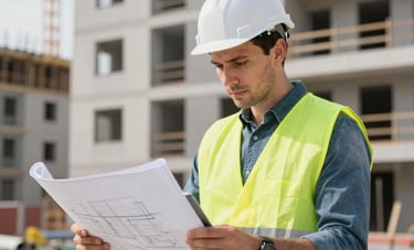 A focused engineer in a safety vest looking at blueprints on a tablet at a construction site in Slovakia, modern residential building under construction backdrop.