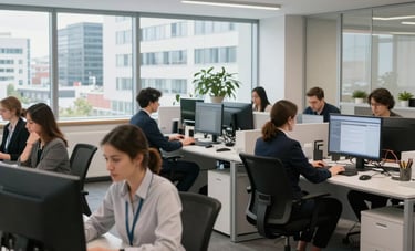 A bright, clean professional office space in a Central European city, staff members working in organized environment with modern equipment, professional atmosphere.