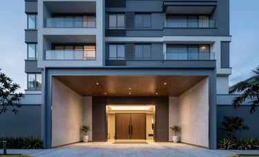 Clean, modern architectural photography of a high-end South American / Brazilian condominium entrance. Professional lighting, deep muted blue and pale blue accents, sleek design.