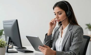 A South American / Brazilian professional woman in a modern office environment, looking focused and competent while using a headset and tablet. Neutral soft white background with steel blue office details.