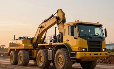 Heavy-duty construction trucks operating on a large infrastructure project in South America. The image shows the power and capability of the machinery during a golden hour sunset, highlighting efficiency and strength.